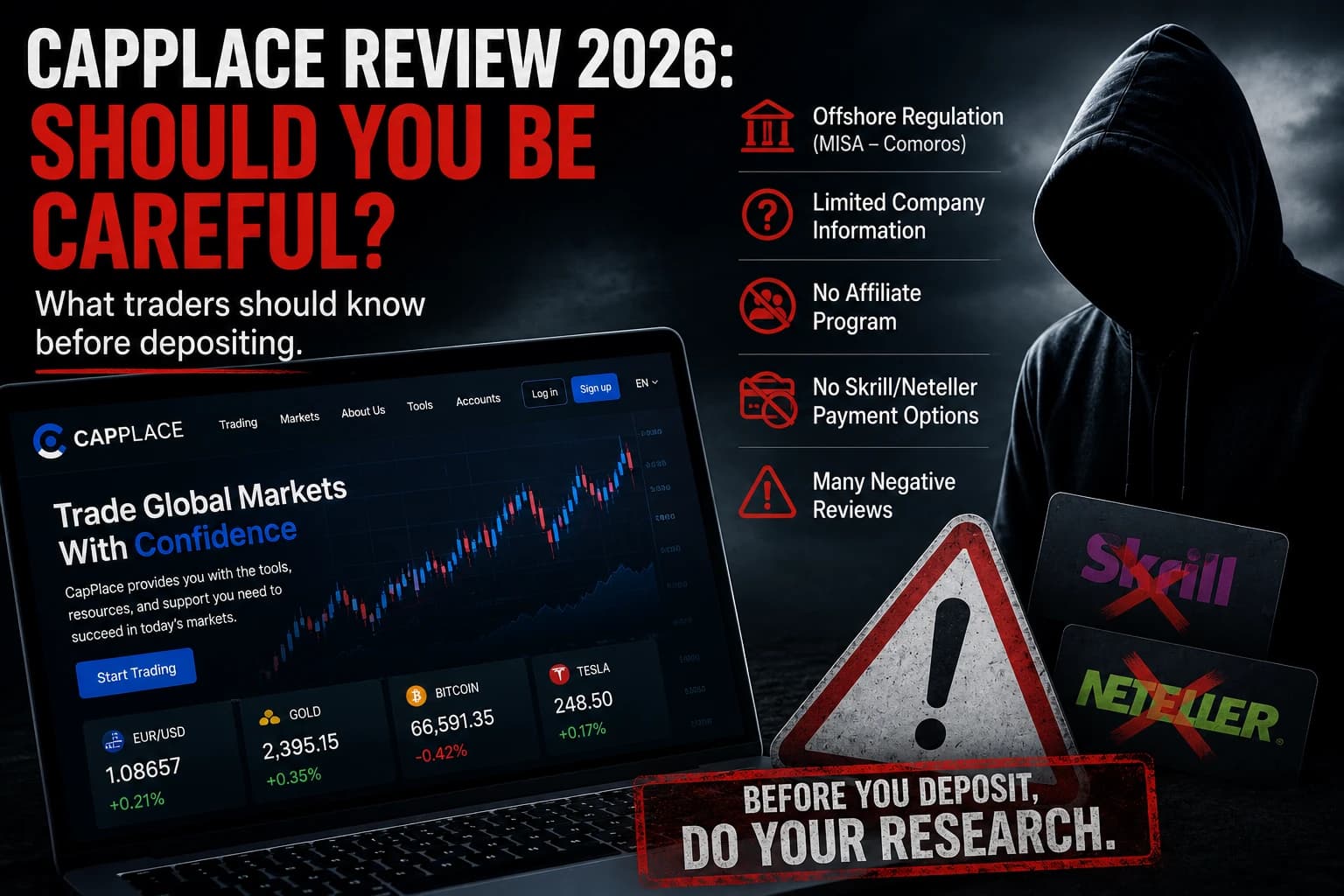 CapPlace review 2026 warning graphic listing five trader concerns: offshore MISA regulation in the Comoros, limited company information, no affiliate program, no Skrill or Neteller payment options, and many negative reviews, beside a laptop showing the CapPlace trading platform.