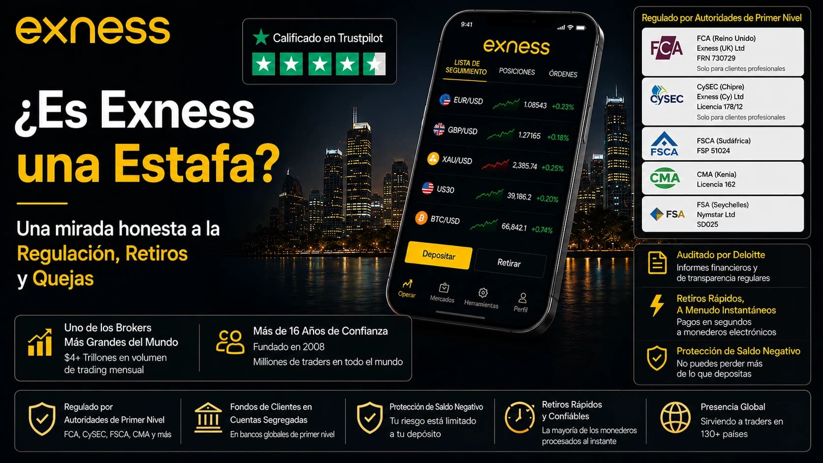 ¿Exness es una estafa? Imagen destacada con la app de Exness, las licencias FCA, CySEC, FSCA, CMA y FSA Seychelles y una valoración de Trustpilot.