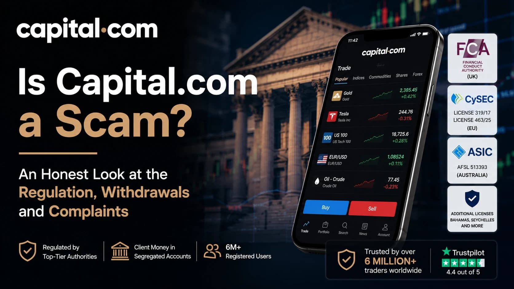 Is Capital.com a scam? Featured image with the Capital.com app, FCA, CySEC and ASIC license badges and a Trustpilot rating.