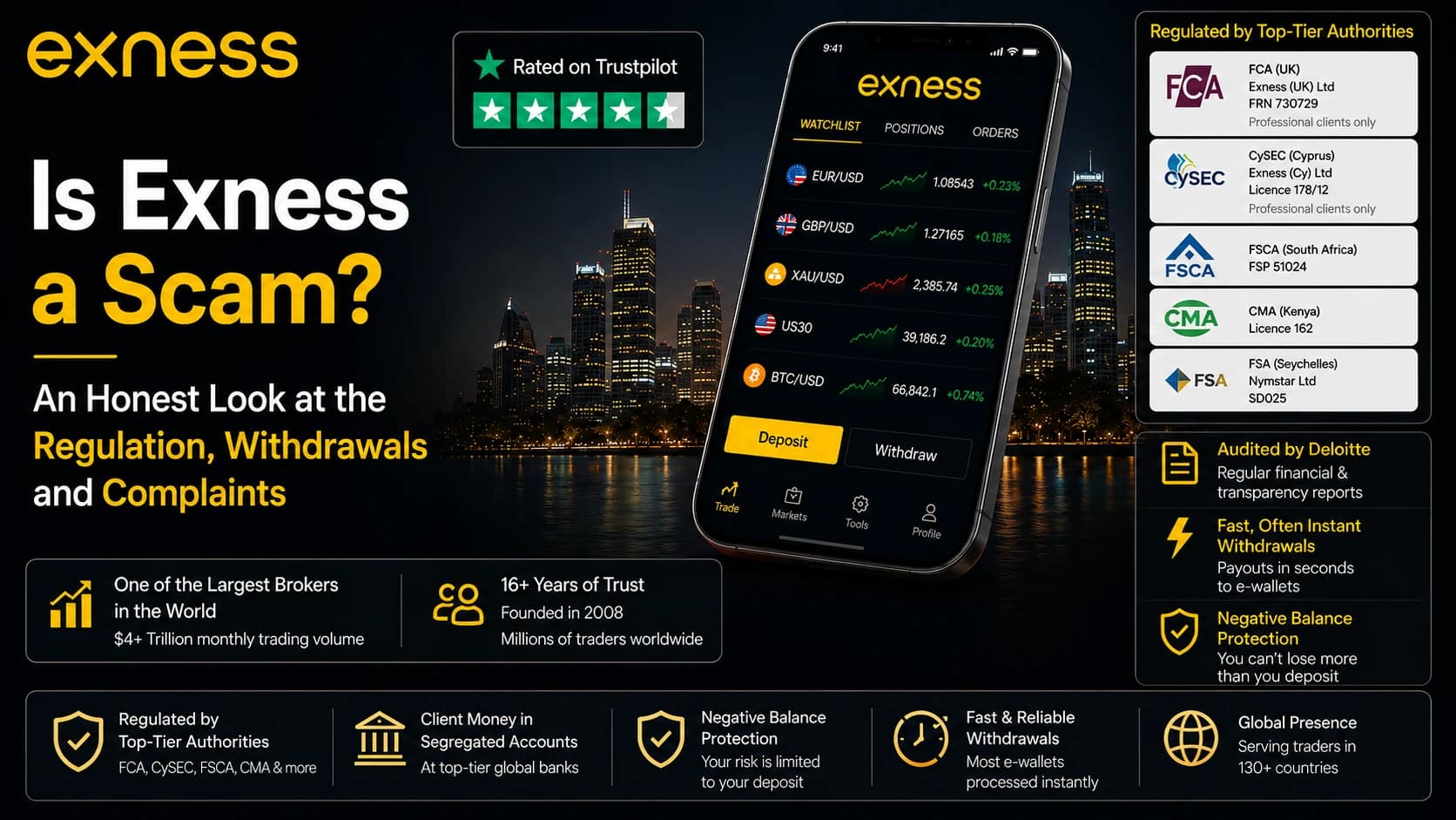 Is Exness a scam? Featured image with the Exness app, FCA, CySEC, FSCA, CMA and FSA Seychelles license badges and a Trustpilot rating.